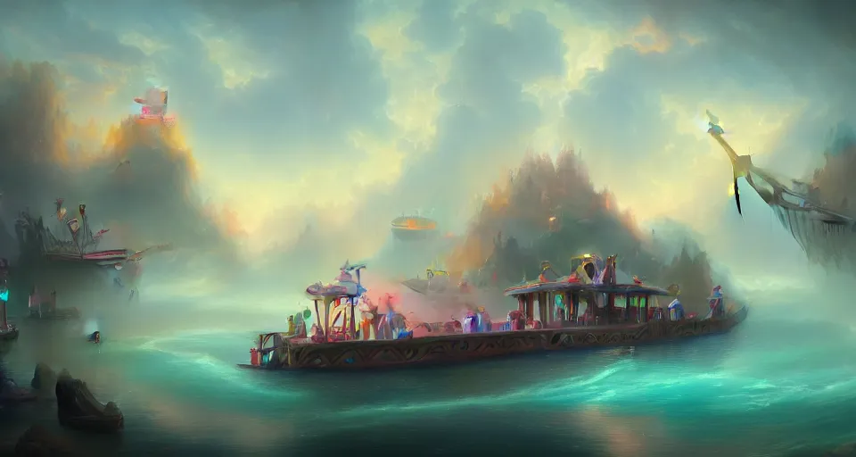 Prompt: an amusement park boat ride with pastel colors by peter mohrbacher, vivid colors, matte painting, 8K, concept art, mystical color scheme, trending on artstation