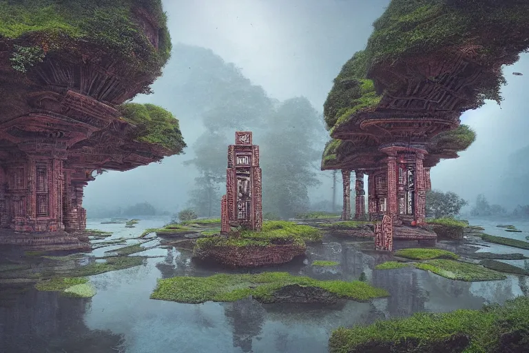 Image similar to photography of a beautiful archipelago of never seen before stunning ancient indian temple and palaces. complex intricate pilars patern, runes. trees water and flowers. afternoon light inspiring science fiction, intricate, elegant, uplifting, inspirational, highly detailed by beksinski and simon stalenhag