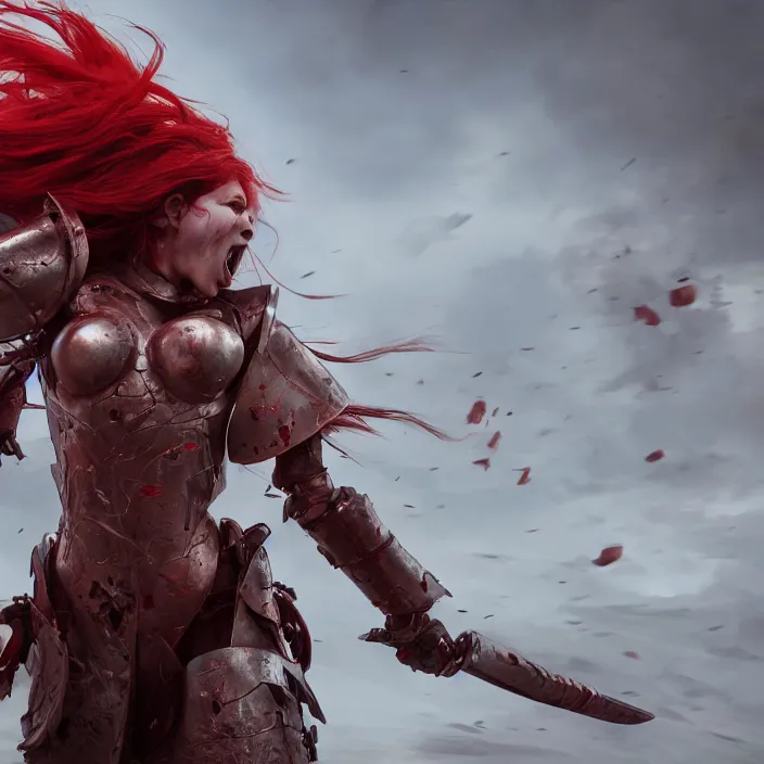 Prompt: a girl with a long red hair wearing a full-body red plate armor screaming in a battlefield, anatomically correct, hyperrealistic, concept art, octane render, unreal engine 5, 8K HDR, highly detailed, high quality, fantasy armor