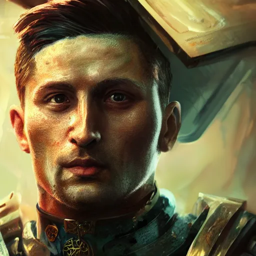 Prompt: closeup portrait of volodymyr zelensky, the fallen empire, hyper detailed, digital art, trending in artstation, cinematic lighting, studio quality, art style by klimt and nixeu and ian sprigger and wlop and krenz cushart sigma 5 0 mm, f 1. 8