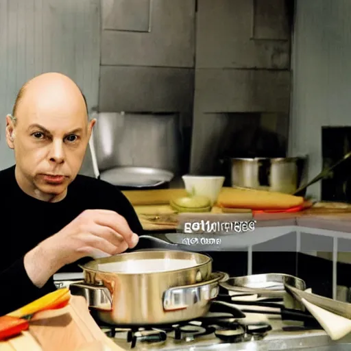 Image similar to brian eno cooking in the studio, high quality press photo,