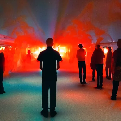 Prompt: giant group smoke bodies, lasers, darkness, from behind, wide angle, elaborate, smoke, red dot, orange line, blue mist, highly detailed, beautiful lighting