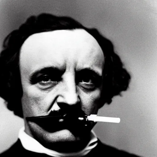 Image similar to A close up portrait of Edgar Allan Poe vaping. Movie still.