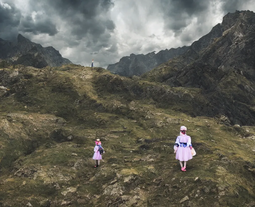 Image similar to a grandma wearing sailor moon costume wandering trough the mountains looking at the clouds very detailed focused photography cinematic lighting by martin parr