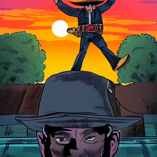 Image similar to bearded bandito with pancho and sombrero standing on top of a train at sunset, dave gibbons