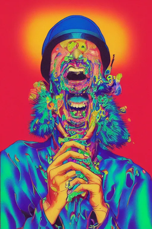 Prompt: a colorful vibrant closeup portrait of a glam musician licking a tab of lsd acid on his tongue and dreaming psychedelic hallucinations, by kawase hasui, moebius, edward hopper and james gilleard, zdzislaw beksinski, steven outram colorful flat surreal design, hd, 8 k, artstation