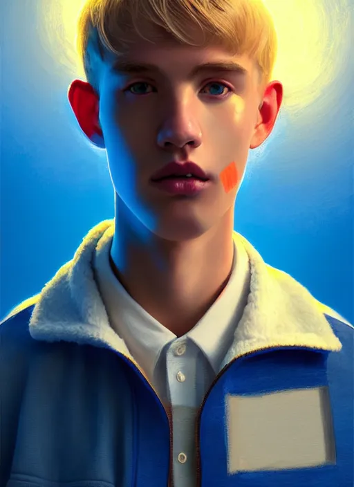 Image similar to portrait of high school senior boy named big moose, blonde short hair, jock, beefy, wide face, square jaw, square facial structure, blue varsity jacket with his name, intricate, elegant, glowing lights, highly detailed, digital painting, artstation, concept art, sharp focus, illustration, art by wlop, mars ravelo and greg rutkowski