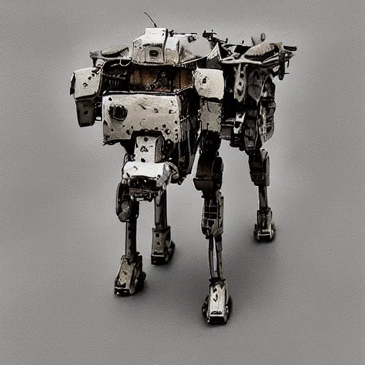 Prompt: dog type mech made of white rusted metal plastic art by jakub rozalski