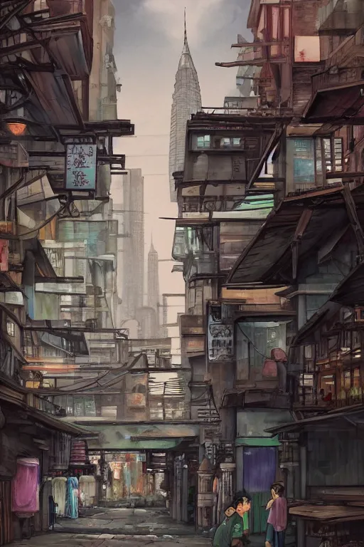 Prompt: backlane alley hawker street with kuala lumpur twin towers in the background, evening, highly detailed matte painting, studio ghibli, artstation