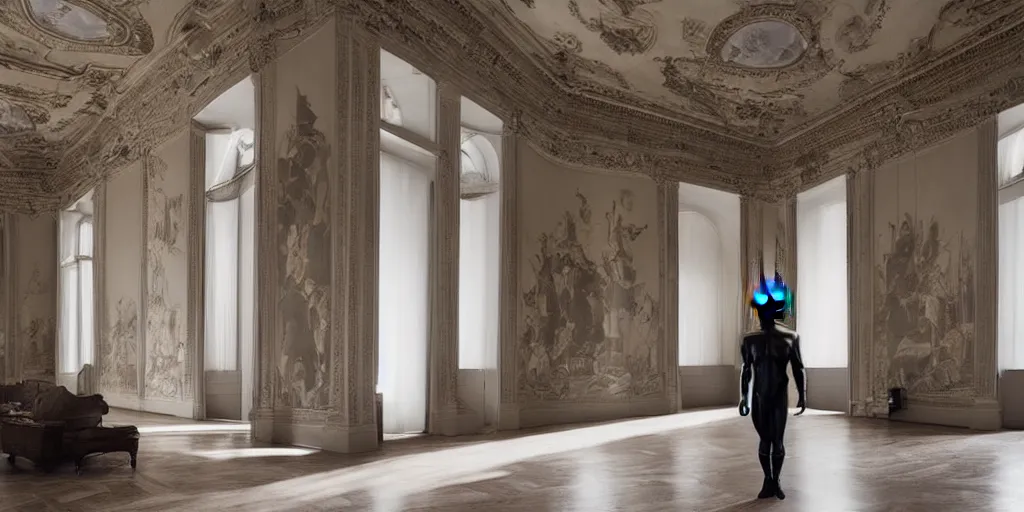 Image similar to Batman standing in giant Italian modern castle living room, clean minimalist design, that is 1300 feet tall, with very tall giant walls filled with modern art paintings, doors that are cosmic portals, photo by Annie Leibovitz