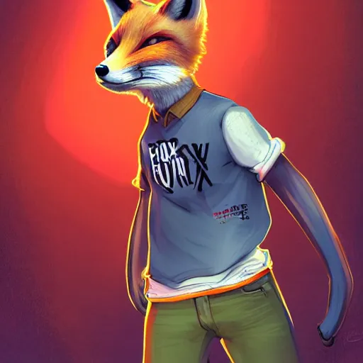 Image similar to A fox wearing a t-shirt and jeans, trending on FurAffinity, energetic, dynamic, digital art, highly detailed, FurAffinity, digital fantasy art, FurAffinity, favorite