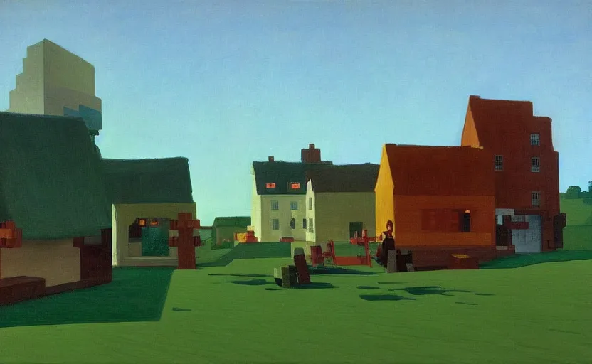 Prompt: a Minecraft village, painting by Edward Hopper