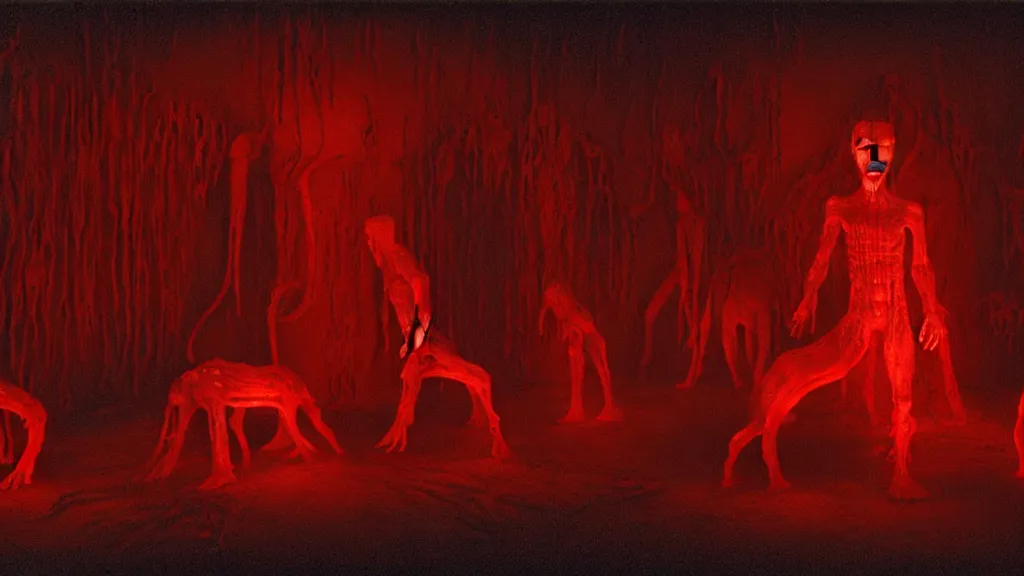 Prompt: the creature in the basement, made of glowing wax! and bone and blood, bioluminescence, surrounded by animals, film still from the movie directed by denis villeneuve and david cronenberg with art direction by salvador dali and zdzisław beksinski, wide lens