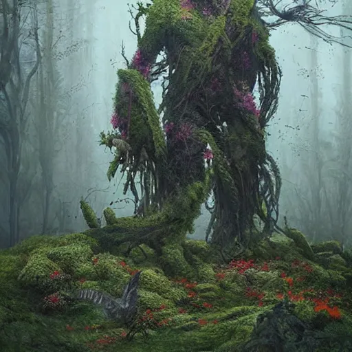 Prompt: a beautiful terrifying monster made out of moss and flowers. ethereal horror fantasy art by greg rutkowski