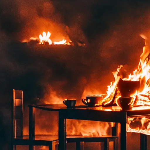 Prompt: a photograph of a big fire on a dining room on fire, only remains a wooden table and a chair, an human-like relaxed dog sitting at this table, ☕ on the table, surrounded by flames, a lot of flames behind the dog, black smoke instead of the ceiling