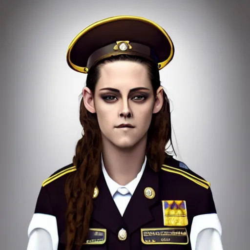 Prompt: Render of Kristen Stewart as Honor Harrington wearing an officer's uniform, cute 3d, long brown hair, brown eyes, soft smile, 4k oil on linen by wlop, artgerm, andrei riabovitchev, nuri iyem, james gurney, james jean, greg rutkowski, highly detailed, soft lighting 8k resolution, aboard a starship, medium shot, mid-shot, trending on Artstation, Unreal Engine 4k