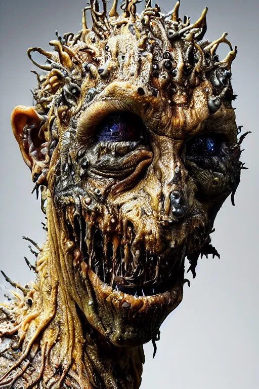Prompt: photo taken of an epic intricate, ultra detailed, super realistic gritty, wet, slimy, lifelike sculpture of a nightmarish hellish ghoulish creature created by weta workshop, zoomed in shots, photorealistic, sharp focus, white wall coloured workshop, cold blueish colour temperture, f 0. 4, face centred, golden ratio, golden hour