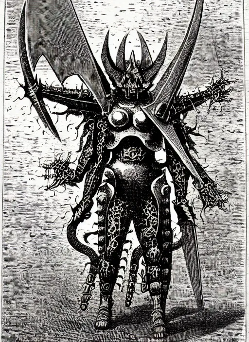 Image similar to illustration of metal wargraymon as a demon from the dictionarre infernal, etching by louis le breton, 1 8 6 9, 1 2 0 0 dpi scan, ultrasharp detail, clean scan