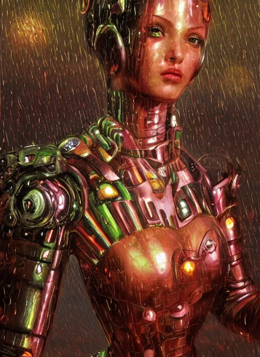 Image similar to a biblical diabolical beautiful female cyber robot girl, rainy, shiny hi tech armor, dynamic pose, splashing, heavy eyes to the side, glowing veins, in clouds, rain and lightning storm, sunset, portrait, by gerald brom, by mikhail vrubel, by peter elson, muted colors, extreme detail, reflections, trending on artstation, 8 k