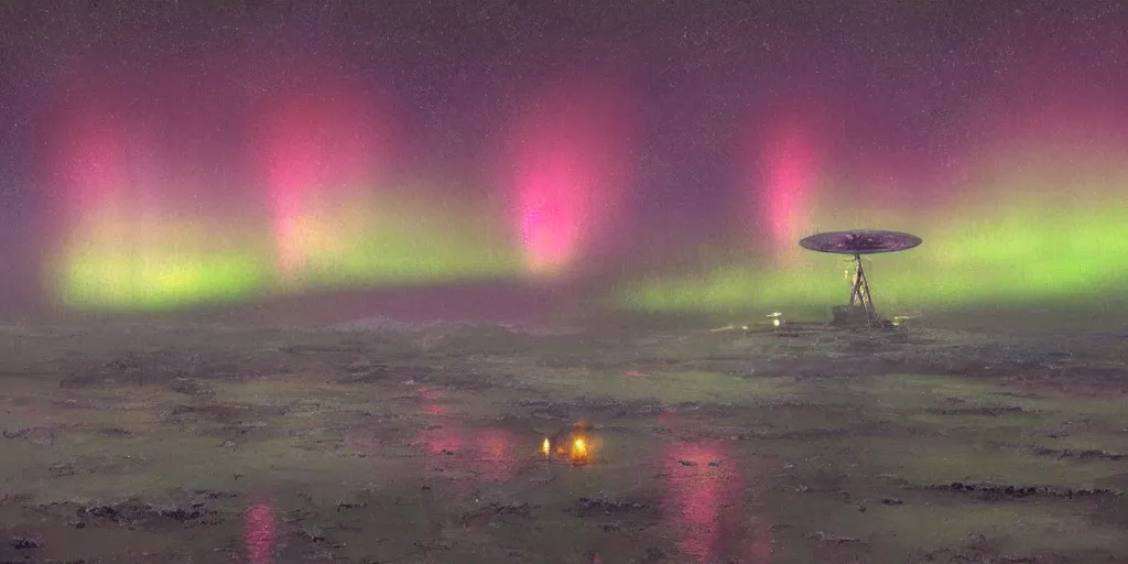 Prompt: on a night with the northern lights, a giant glowing butterfly sits on an oil platform in the prairie ， by craig mullins