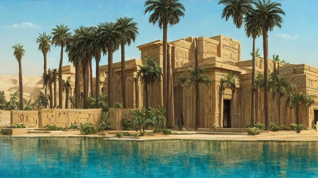 Prompt: an oil painting of the front of a new egyptian!! palace, with a small pool in front, exterior view, close - up, mid - day, palm trees and lush vegetation,!!!!!!!!!! hieroglyphs on the buildings, ray - traced reflections of the buildings and trees in the water
