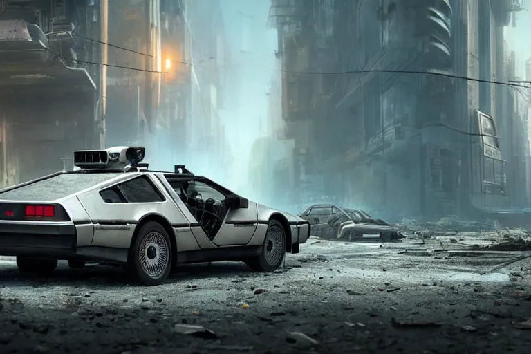 Image similar to highly detailed photorealistic rendering of a delorean parked on the streets of a cyberpunk abandoned city with the door open, futuristic post - apocalyptic vibe, by greg rutkowski and stanley artgerm and alphonse mucha, octane, sharp focus, hyperrealistic, unreal engine 5, vray, masterpiece