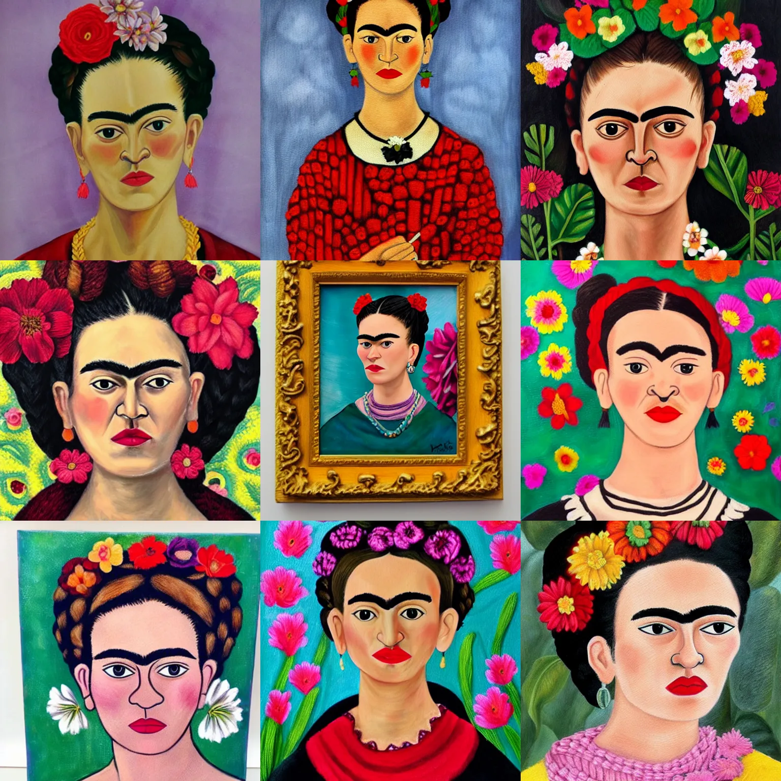 Prompt: white woman that is not frida kahlo with long red hair knitting a made out of flowers frida kahlo style painting