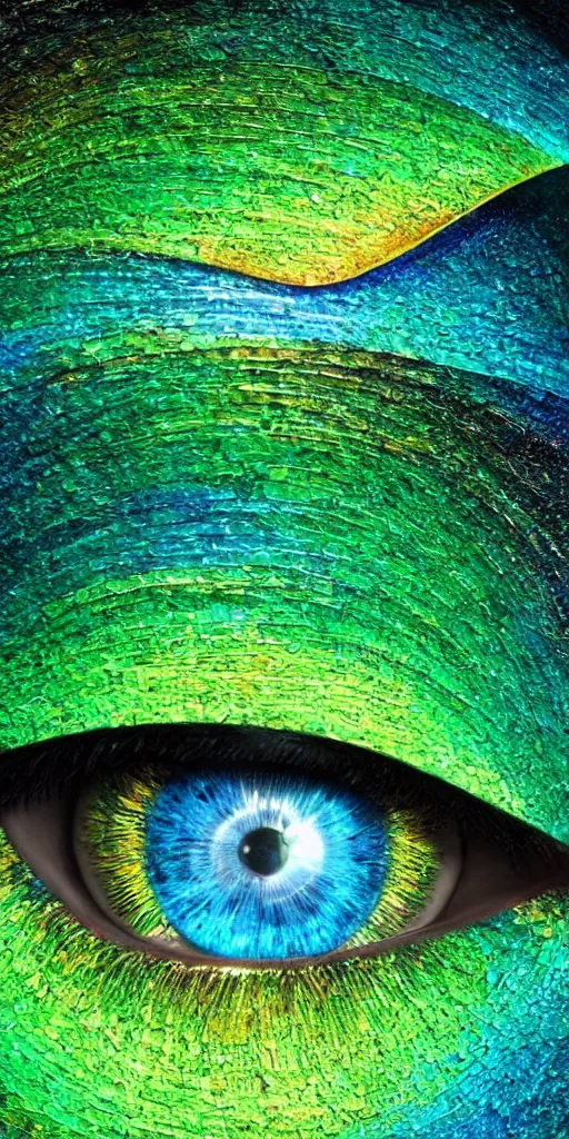 Image similar to hyper realistic photo of beautiful green eye reflecting a sky full of a billion rainbow stars, hyper realistic, fractal art, art station, coherent design, symmetrical, vivid colour, complementary colour, golden ratio, detailed, sharp lines, intricate, rainbow shift, in unreal 3 d engine, ray tracing, octane render