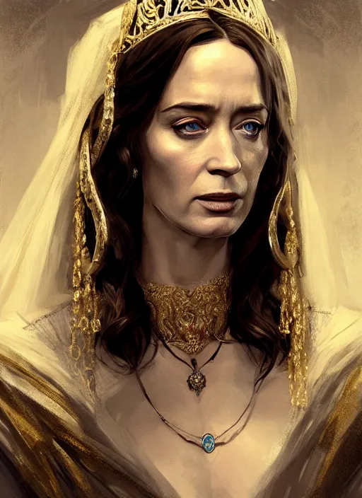 Prompt: portrait of emily blunt as beautiful queen, jewelry, greek, dark, victorian age, 1 8 9 0, intricate, headshot, key visual, conceptart, ambient lighting, highly detailed, digital painting, artstation, concept art, sharp focus, by makoto shinkai and akihiko yoshida and greg manchess