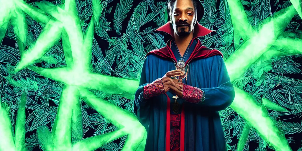 Image similar to snoop dogg doctor strange, marijuana, marijuana leaves, green light, highly detailed, cinematic by francis tneh, marvel cinematic universe, mcu, photo