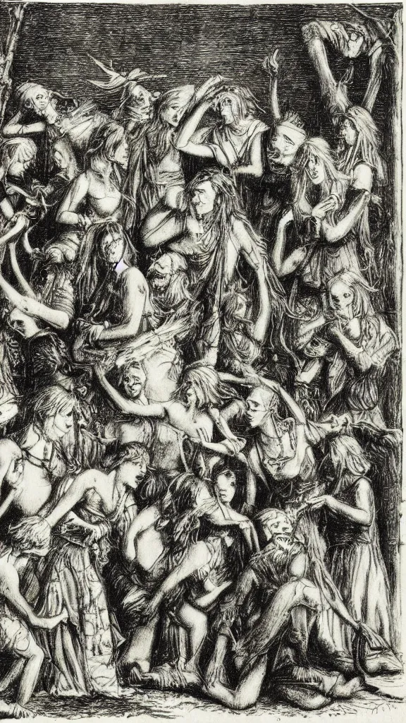 Prompt: an etching of pagan folklore, by david gentleman