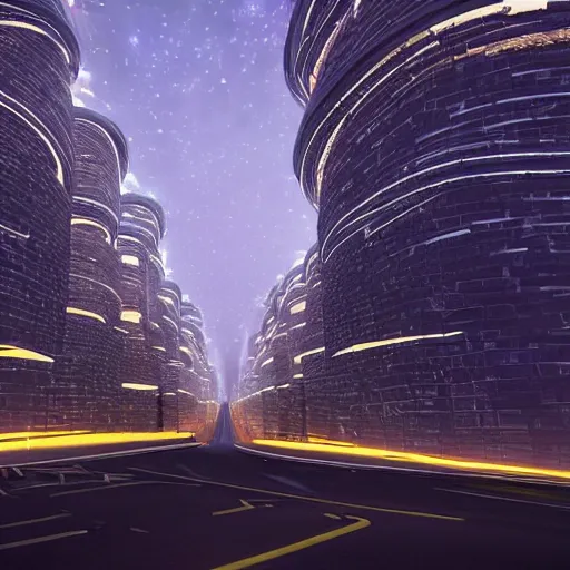 Prompt: a road leading to a huge tower of lights, trending on artststion. hyperdetailed, hyperrealistic, 4 k, unreal engine, night