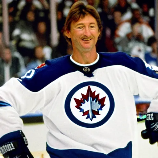 Prompt: wayne gretzky as captain of the winnipeg jets hockey club