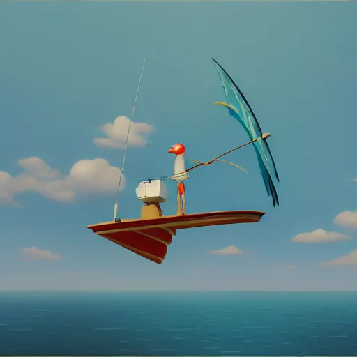 Prompt: goro fujita ilustration view from the sky of a bird with open wings with feathers flying above a fishing boat in the middle of the ocean, painting by goro fujita, sharp focus, highly detailed, artstation