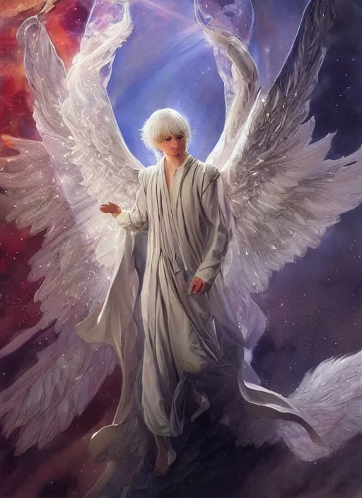 Image similar to harmony of white haired angel yoongi wearing greek clothes, muted colors, sparkles everywhere, big wings, dynamic hair movement, dynamic pose, holographic space, glowing effect, j. c leyendecker, by alan lee, wlop! illustrated by starember, fantasy art by craig mullins