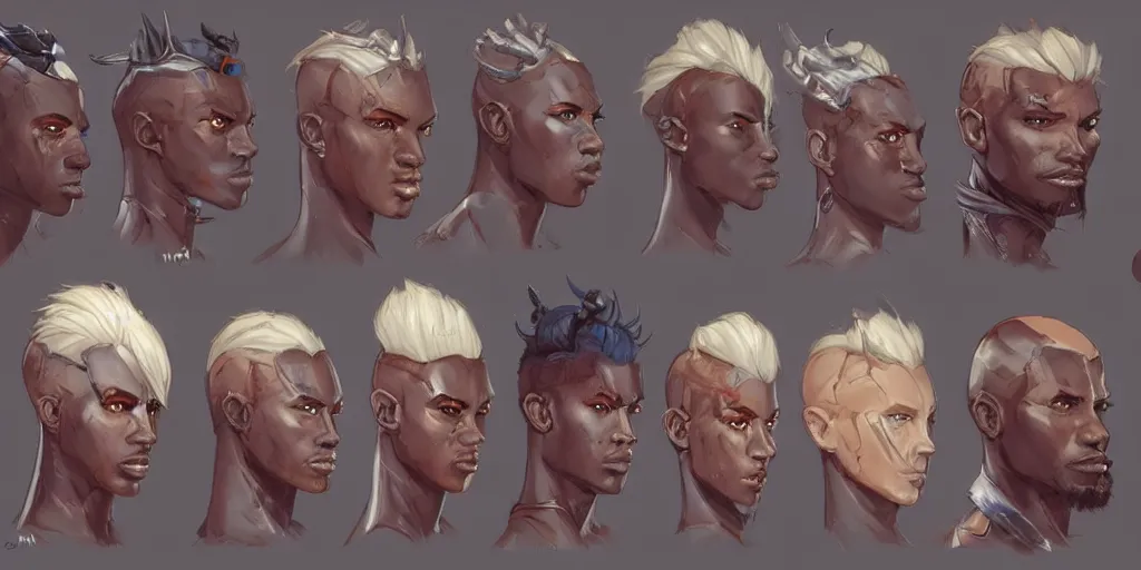 Image similar to concept art of rugged african male netrunner d & d video game characters head designs, unique hair designs, by marc brunet and artgerm