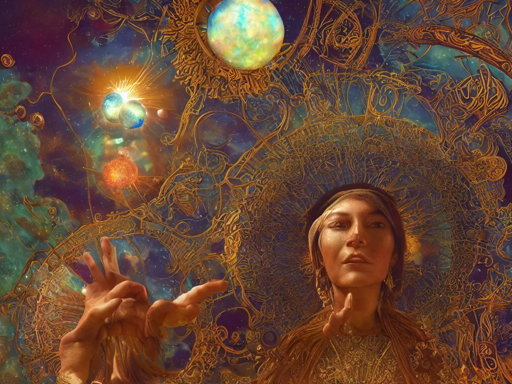 Prompt: the universe is a spheroid region 7 0 5 meters in diameter, 3 d render of a shaman, sunlight study, by clara peeters and ( ( ( ( lisa frank ) ) ) ), art nouveau, 8 k, extreme detail, sharp focus, octane render