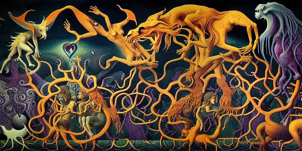 Image similar to mythical creatures and monsters in the visceral heart imaginal realm of the collective unconscious, in a dark surreal painting by johfra, mc escher and ronny khalil