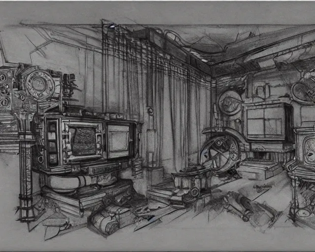 Image similar to steampunk mechanical electrical television set sketch by leonardo da vinci