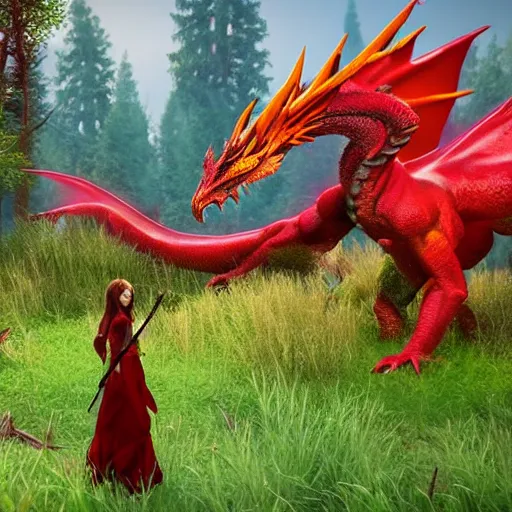 Prompt: princess knight girl fight a huge red dragon in the woods, cinematic lighting, highly detailed, unreal engine,