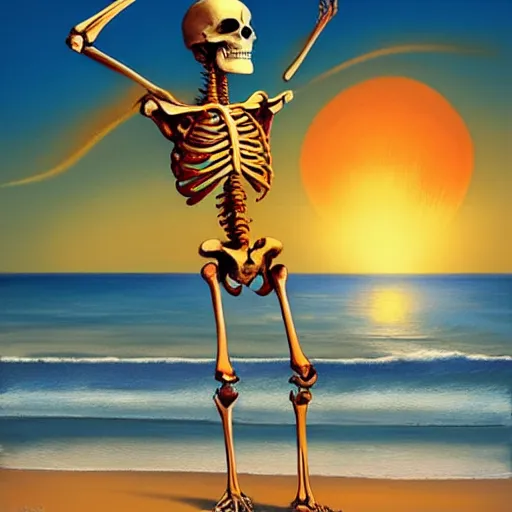 Image similar to (((Beautiful digital painting portrait))) of relaxed skeleton walking on the tropical beach!!! with nuclear bomb explosion in the background!!!, by James Gurney, high quality, trending on Artstation, realistic, tropical color scheme, anatomically correct skeleton, high coherence, blue sky