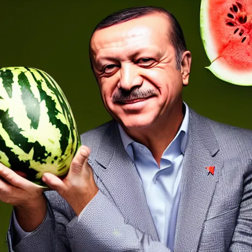 Image similar to recep tayyip erdogan smiling holding watermelon, studio photograph, hd, studio