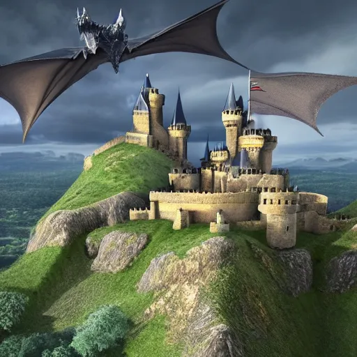 Image similar to a giant dragon flying over a castle on a hill, realistic photo, 8k, cinematic