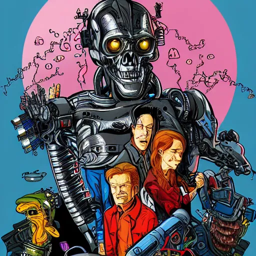 Image similar to terminator, wizard of oz, technicolour, lineart, higly detailed, artstation