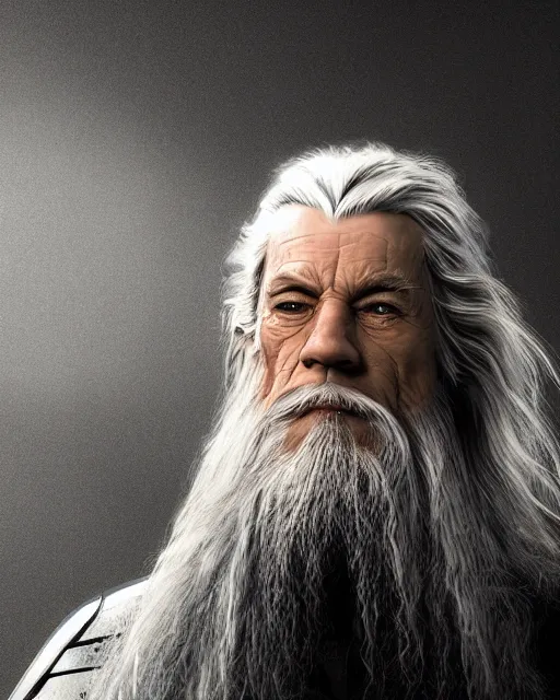 Prompt: gandalf with cybernetic enhancements, androidscifi character portrait by 1 / 4 headshot, cinematic lighting, dystopian scifi gear, gloomy, profile picture, mechanical, half robot, implants, steampunk