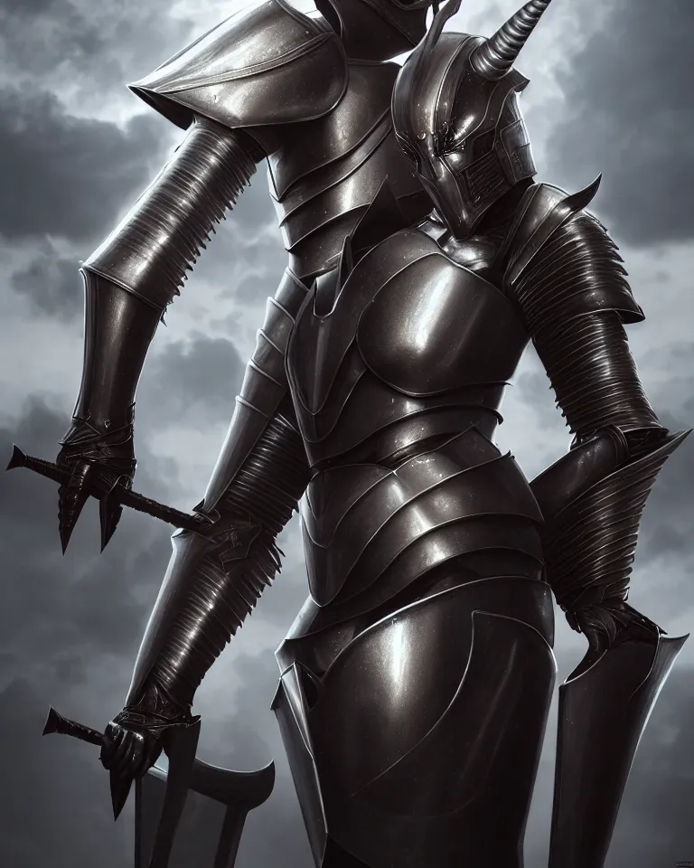 Prompt: epic portrait of female alien unicorn in plate armour by cleavanger and elvgren epic awesome symmetrical octane vfx maya render realistic