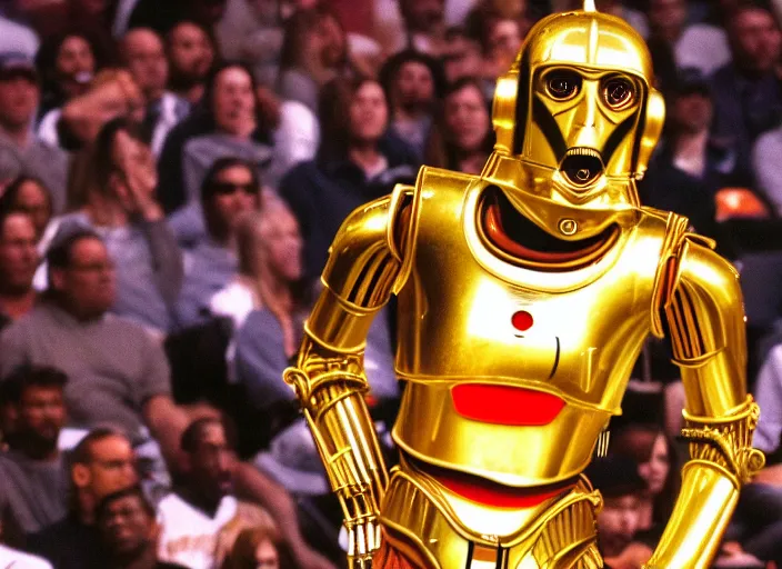 Image similar to ESPN still of C-3PO playing in the nba playoffs live on espn, 4k