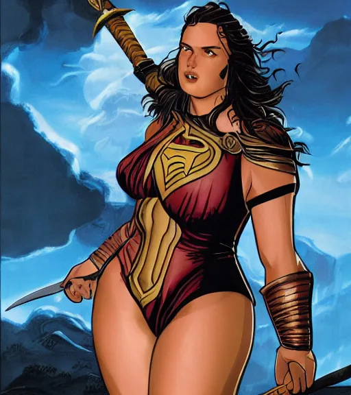 Prompt: 1 9 8 0 s fantasy novel book cover, bbw plus size amazonian gal gadot in extremely tight bikini armor wielding a cartoonishly large sword, exaggerated body features, dark and smoky background, low quality print