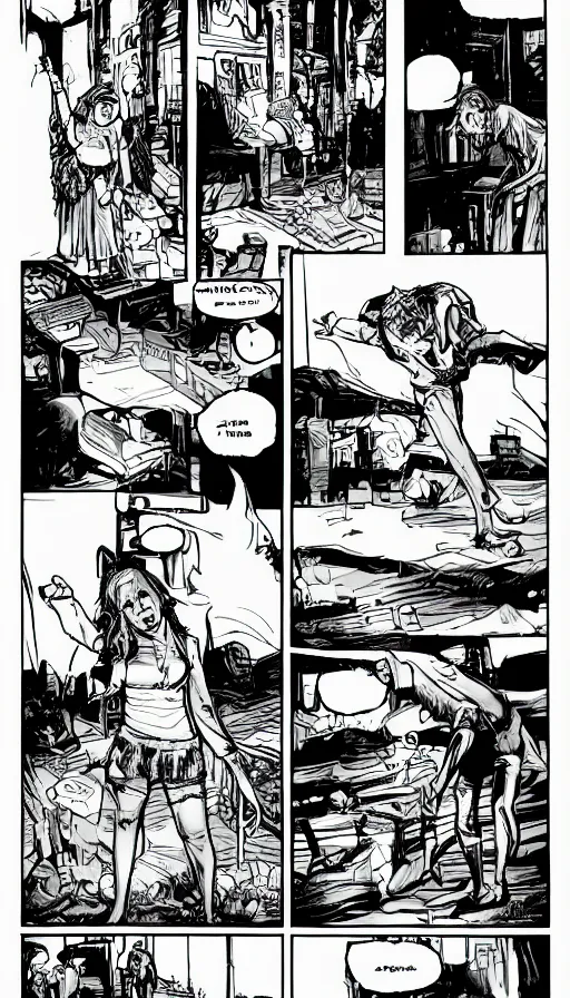 Image similar to multi - panel page from a highly detailed horror comic. city. apartment. woman. creature. terror. ink.