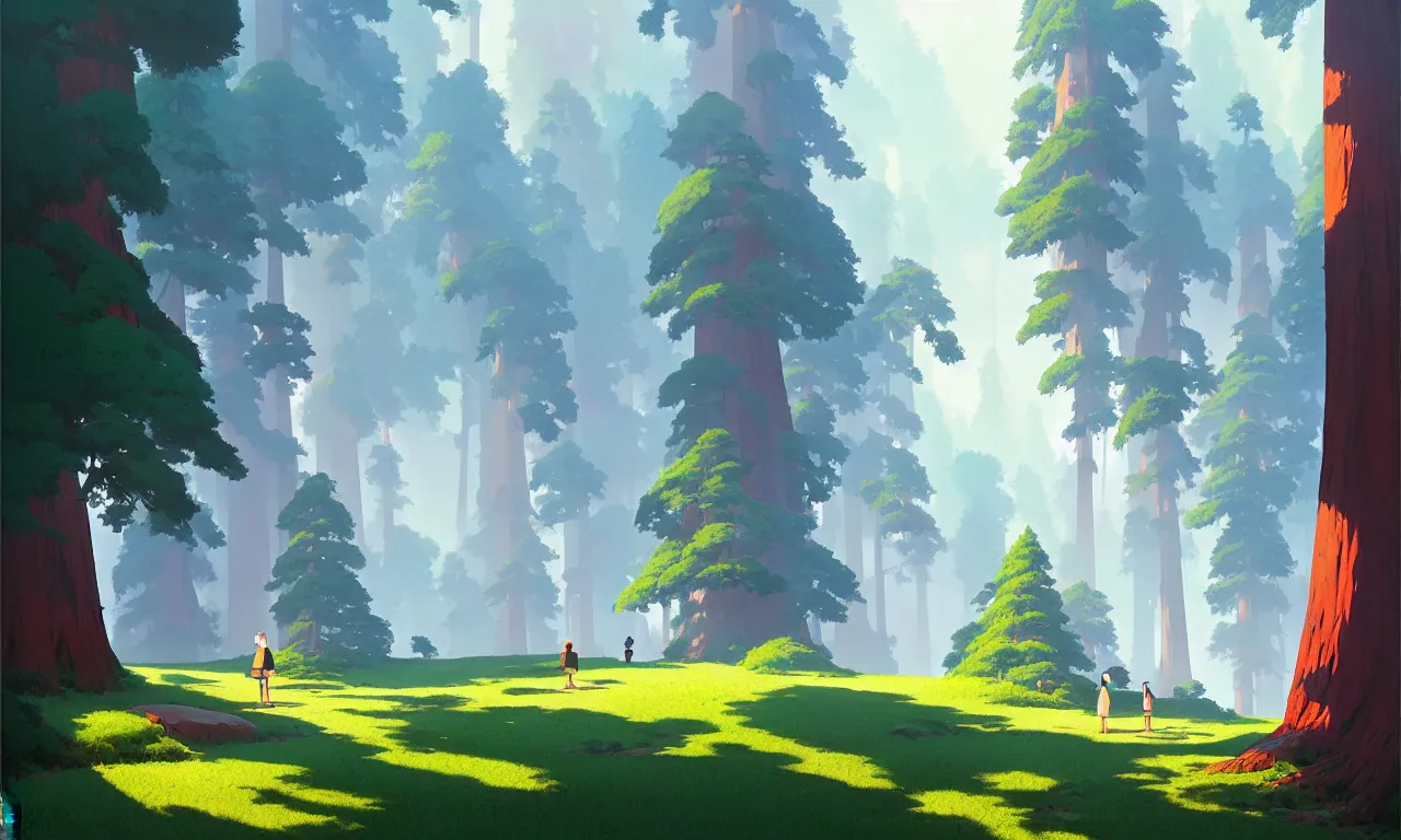 Image similar to Sequoia park in a colorful moutain with beautiful trees , no people, morning, by studio ghibli painting, superior quality, masterpiece, traditional Japanese colors, by Grzegorz Rutkowski, concept art